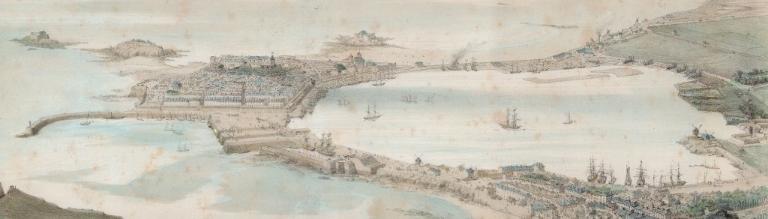 Détail de la vue cavalière des villes de Saint-Servan et de Saint-Malo par Alfred Guesdon, lithographie en couleurs, vers 1840-1848