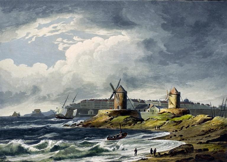 Vue de la pointe du Naye avec ses deux moulins à vent par Théodore Gudin, vers 1830. Au centre, la redoute d'Aiguillon (On voit un mur percé d'ouvertures de tir)