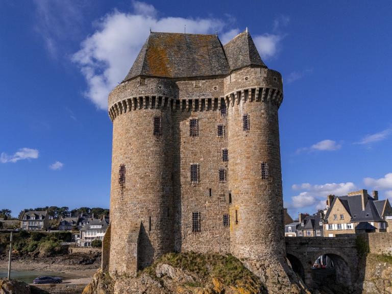 Vue aérienne oblique depuis le sud : tour et pont dormant