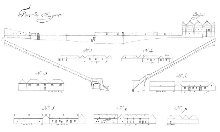 Développements des forts du camp retranché et des batteries de la côte du nord, année 1807. Fort du Mingant [Mengant]. Batterie haute et donjon [tour côtière]. Branches tombantes percées de créneaux de mousqueterie. Divers bâtiments