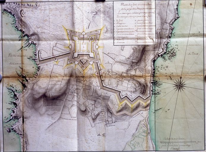 Plan des forts et retranchements de la gorge de la presqu'île de Roscanvel, fait à Brest par l'ingénieur Traverse le 10 janvier 1699