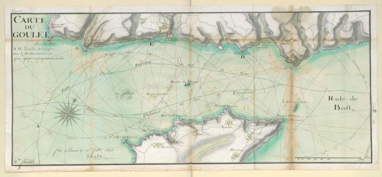 Carte du goulet de Brest montrant le feu des batteries d'artillerie signée par Sébastien Le Prestre de Vauban, à Brest, le 15 juillet 1695. A-B : étendue de la passe sous le feu des batteries de 5200 toises ou deux bonnes lieues