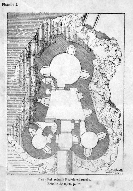Plan du rez-de-chaussée de la tour Solidor : état avant restauration, dessin d'Albert Ballu, architecte, planche n° 2, 1883