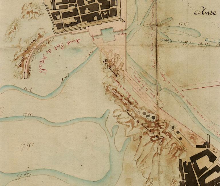 Détail du plan du projet d'établissement d'un bassin à flot commun aux deux villes de Saint-Malo et Saint-Servan par Charles Girard de Caudemberg, 29 novembre 1834. Au centre figure l'avant-port de Saint-Servan, les rochers et Moulins du roi