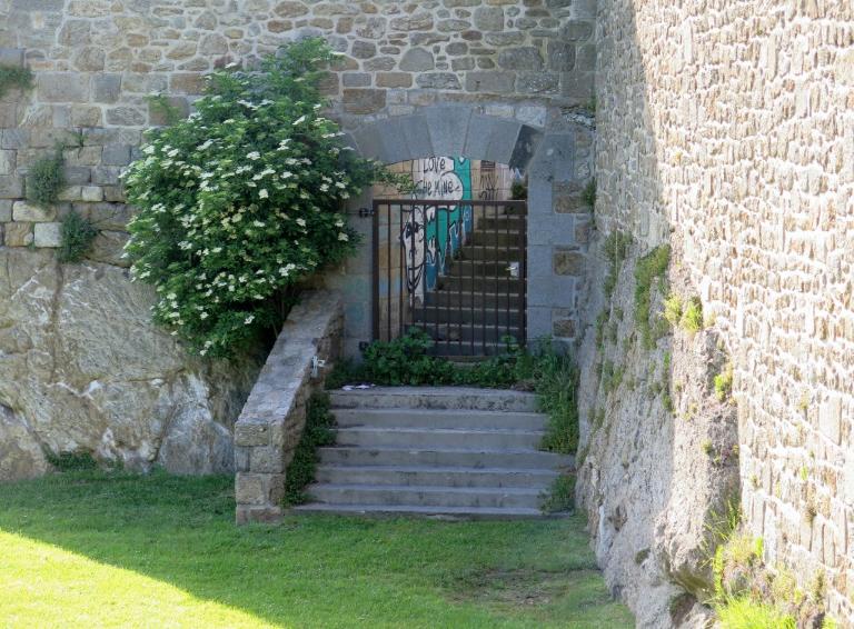 Vue de la porte en arc surbaissé aménagée dans le flanc de l'escarpe (état en 2015). Cette partie du fort a été remontée comme l'atteste la mise en oeuvre de la maçonnerie