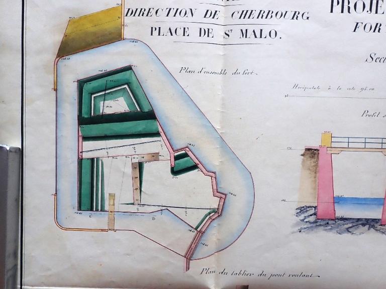 Extrait du plan des projets pour 1842 : travaux mixtes, fortifications du bassin à flot, fort du Naye, achèvement du glacis du saillant, feuille n° 1