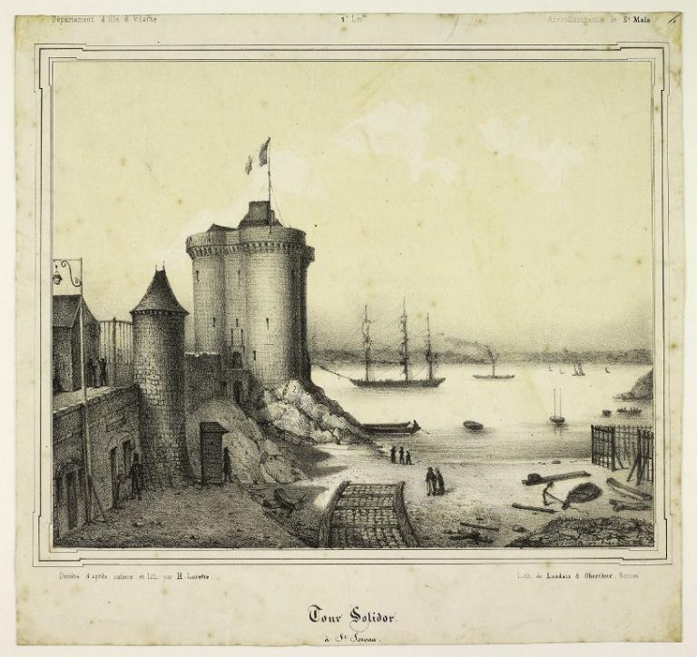 Vue de la Tour Solidor par Hyacinthe Lorette, lithographe, Imprimerie Landais et Oberthur à Rennes