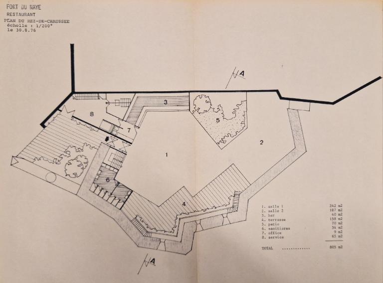 Plan du projet de restaurant dans le fort du Naye : rez-de-chaussée, 30 août 1976