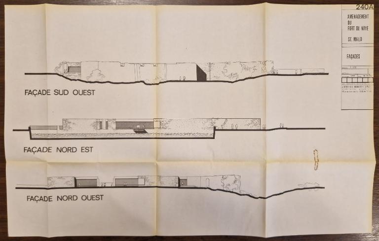 Permis de construire des aménagements du fort du Naye par le cabinet d'architectes - urbanistes J. Denieuil - M. Marty - G. Paoli, janvier 1977 : élévations des façades, 16 octobre 1974