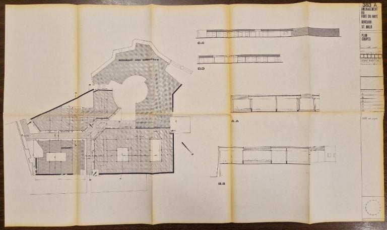 Avant-projet sommaire des aménagements du fort du Naye par le cabinet d'architectes - urbanistes J. Denieuil - M. Marty - G. Paoli : plan et coupes des bureaux, 15 décembre 1981
