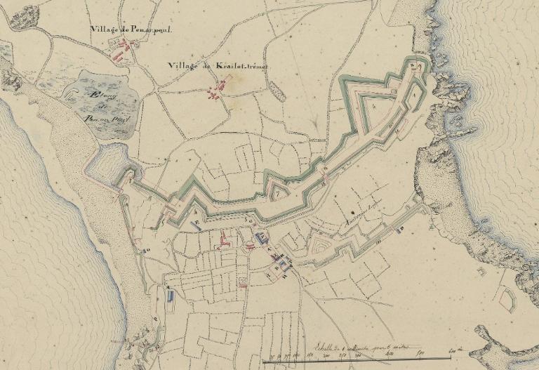 Atlas des bâtiments militaires des places de France : Brest, place de Quélern et dépendances, détail du plan général, feuille b, 1846
