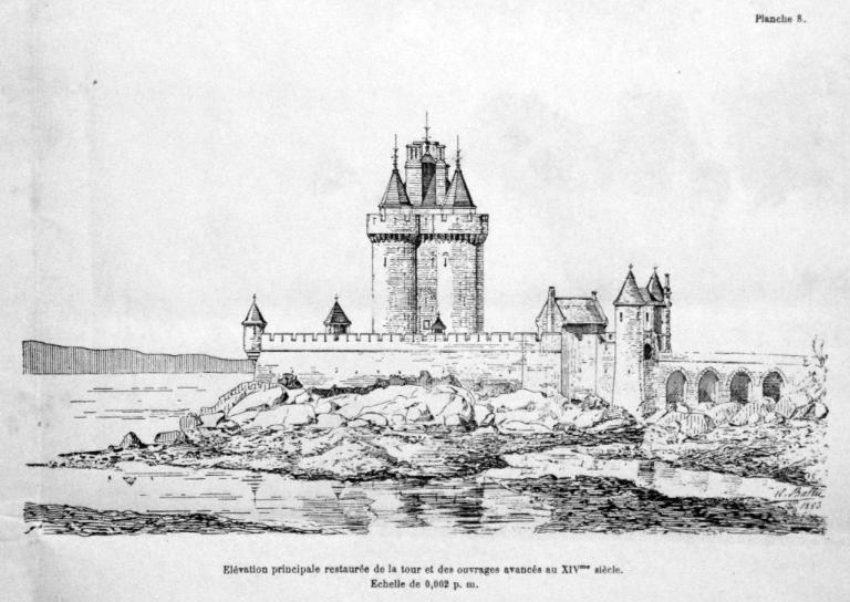 Vue de la tour Solidor depuis le sud-est : état projeté après restauration, dessin d'Albert Ballu, architecte, planche n° 8, 1883