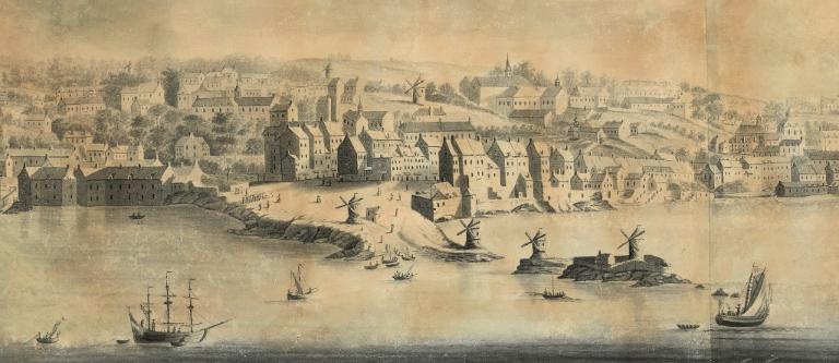 Détail de la vue de Saint-Servan, dessin à l'encre, 1er quart 19e siècle. Au premier plan, la redoute du Naye dominée par deux moulins à vent