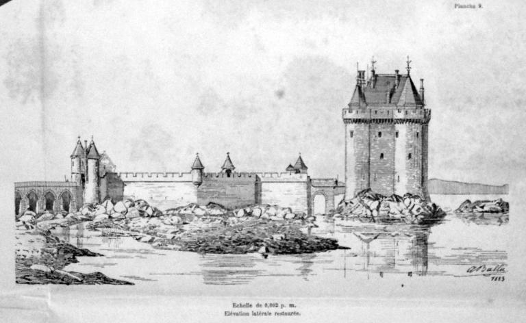 Vue de la tour Solidor depuis le nord-ouest : état projeté après restauration, dessin d'Albert Ballu, architecte, planche n° 9, 1883