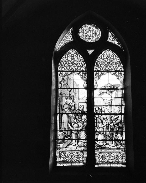 Ensemble de deux verrières à personnages : Présentation de la vierge au temple et Saint Yves, église Saint-Brieuc (Cruguel)