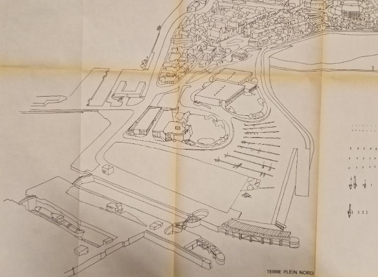 Perspective de l'aménagement du fort du Naye à Saint-Malo par le cabinet d'architectes - urbanistes J. Denieuil - M. Marty - G. Paoli à Neuilly-sur-Seine, 21 janvier 1975