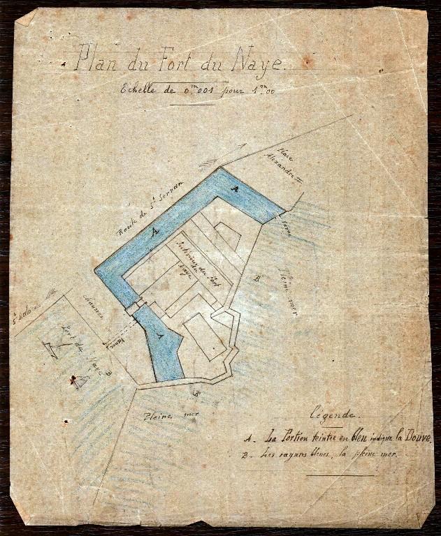 Plan du fort du Naye à Saint-Servan pour un établissement de pêche pour l'élevage des crustacés, coquillages et poissons dans les douves, vers 1909