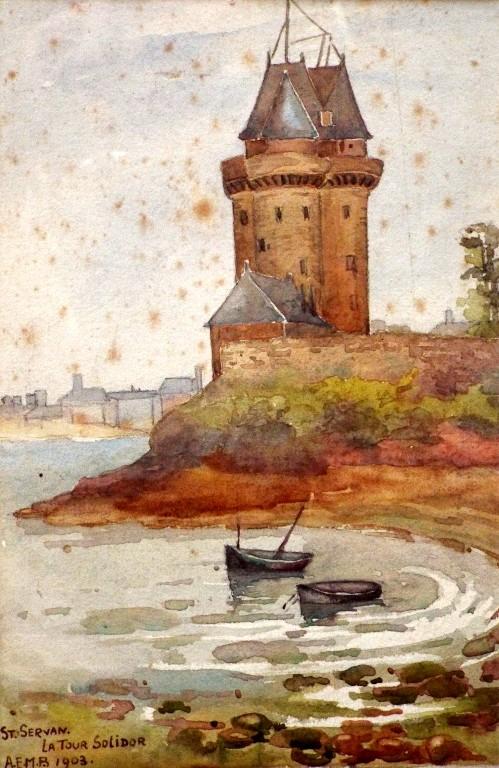 Vue de la tour Solidor depuis l'est-sud-est, aquarelle signée A.E.M.B., 1902. Le bâtiment situé au pied de la tour existe tourjours à cette date