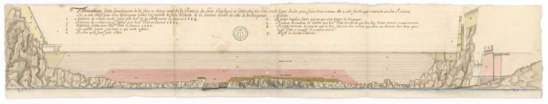 Plan de la batterie de Léon, fait en 1686 par Mollart. Elévation et profil du parement de la batterie basse où sont distingués les travaux faits en 1684, 1685, 1686 et ceux qui restent à faire