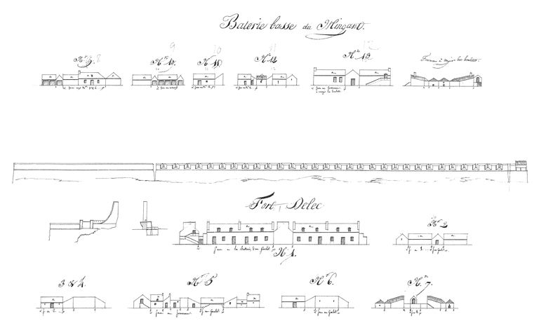Développements des forts du camp retranché et des batteries de la côte du nord, année 1807. Batterie basse du Mingant [Mengant]. Divers bâtiments, n° 9 à 13. Fourneau à rougir les boulets. Fort du Delec [Dellec]. Divers bâtiments, n° 1 à 7 
